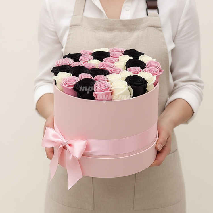 Букет из черных, белых и розовых роз